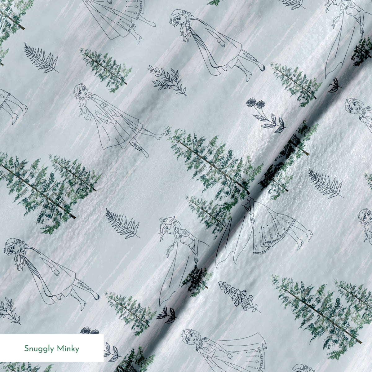 Pale blue pattern with delicate line drawings of pine trees, Elsa, and Anna across a wintry landscape springs minky texture