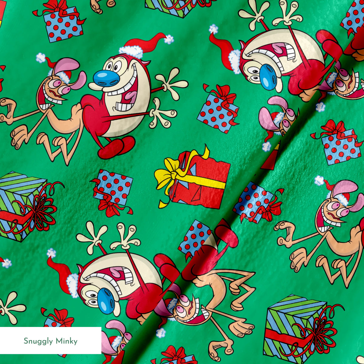 Whimsical cartoon Christmas pattern with elves, Santa figures, and colorful gifts on green background springs minky texture
