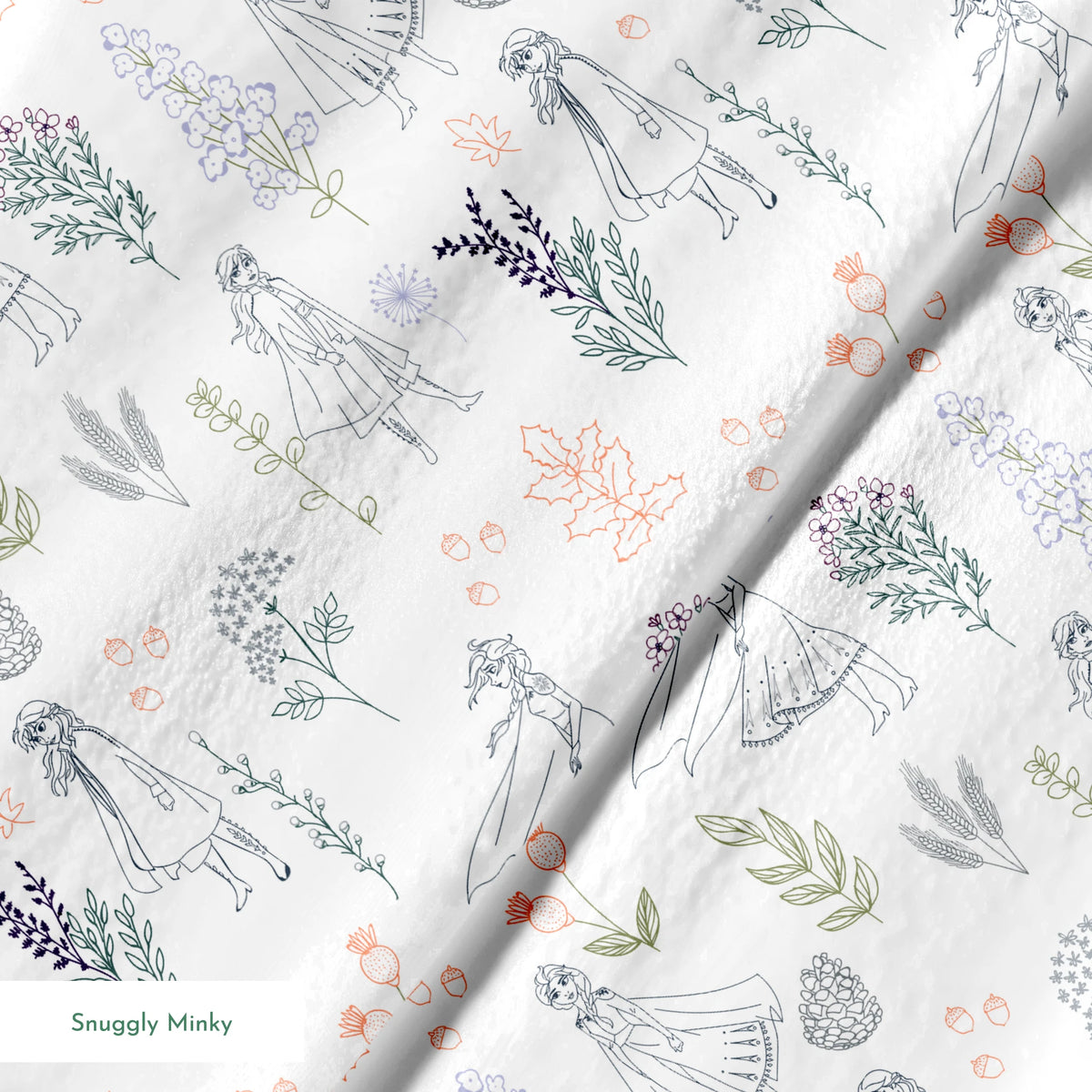 Delicate line drawing pattern of Elsa and Anna among botanical illustrations and flowers in soft colors springs minky texture