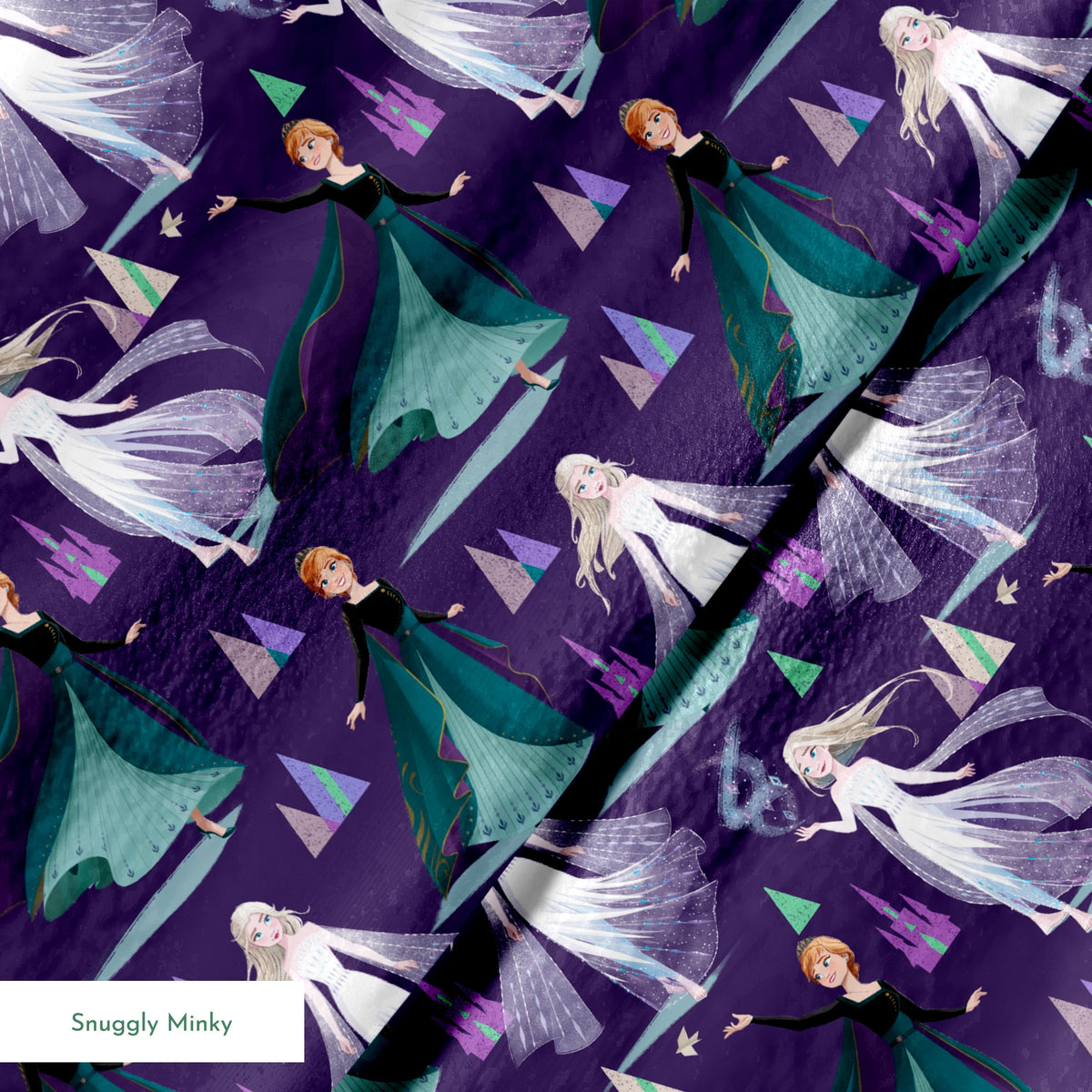 Frozen characters and ice castles on purple background, magical fantasy pattern springs minky texture