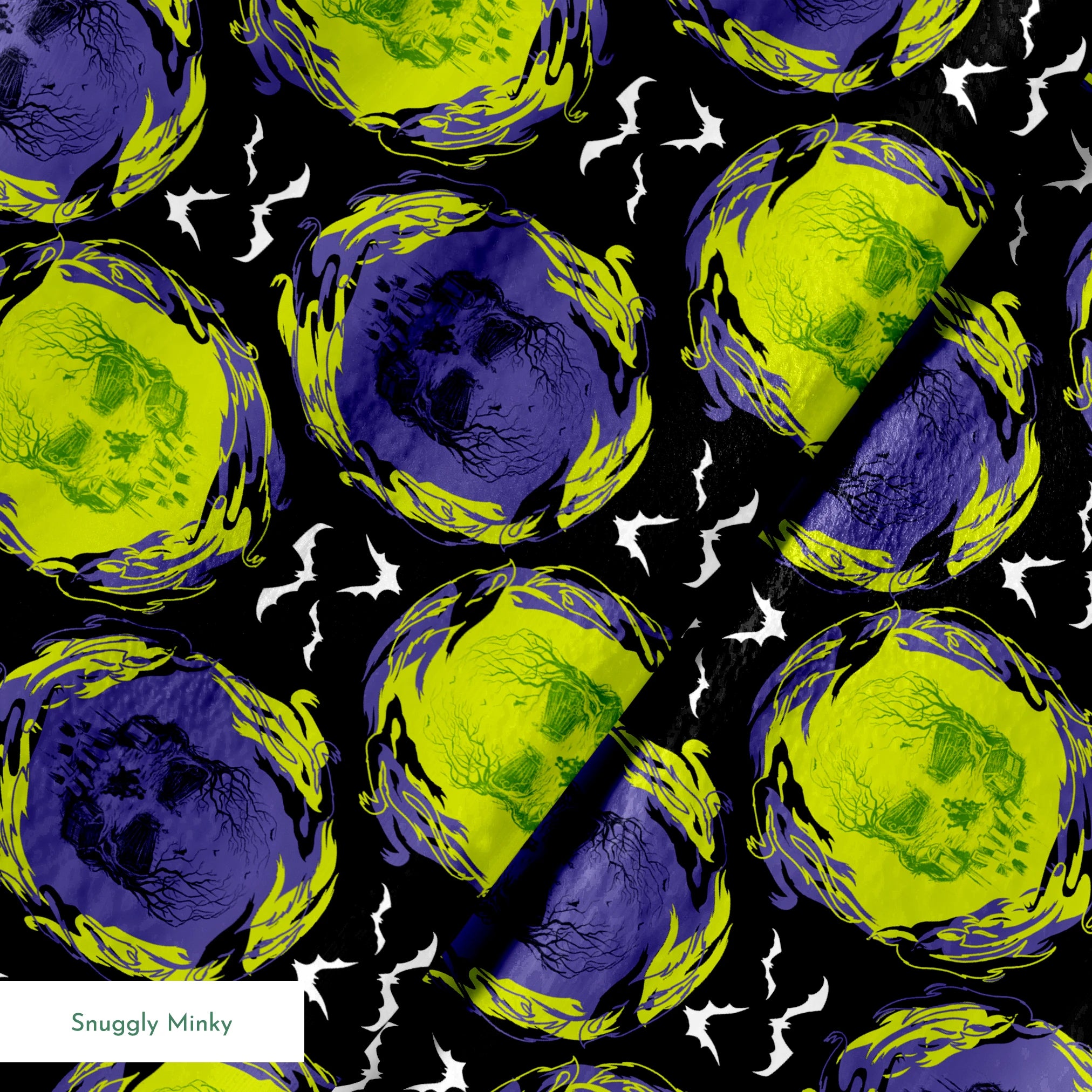 Repeating pattern of neon green and purple skulls with swirling effects on black background with white bats springs minky texture