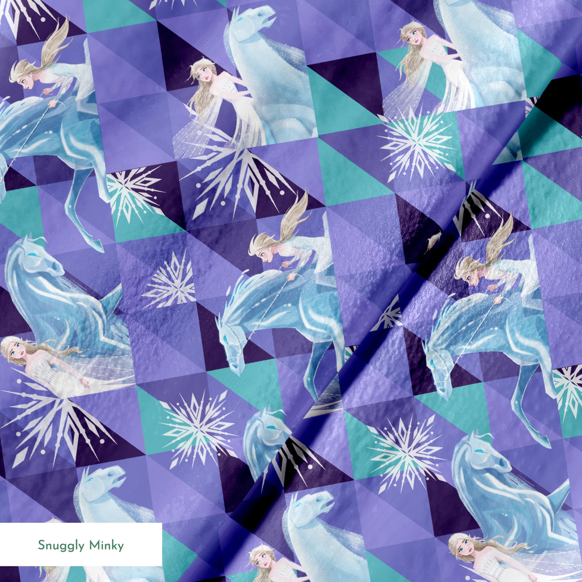 Disney's Frozen pattern with Elsa on horses against purple geometric background with snowflakes springs minky texture