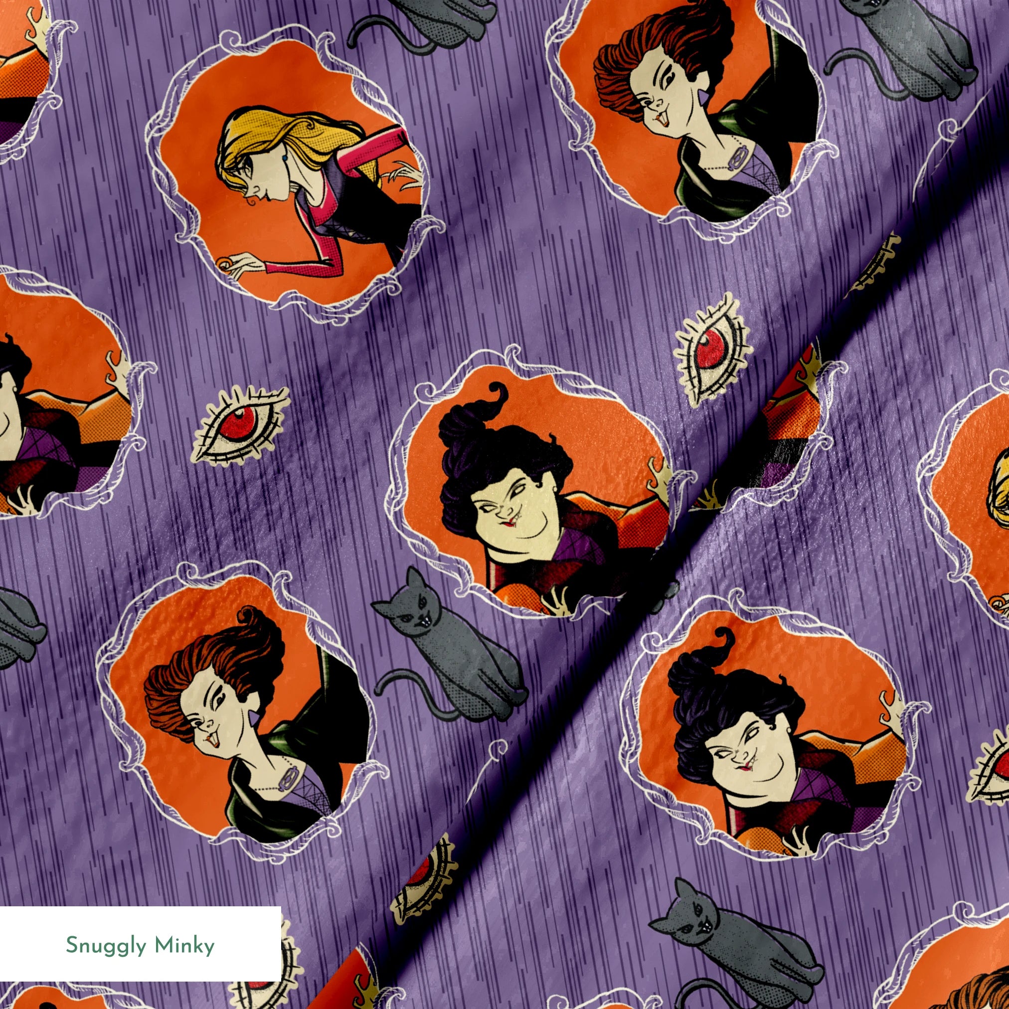 Purple background pattern with illustrated cartoon characters, black cats, and eye symbols in orange circular frames springs minky texture