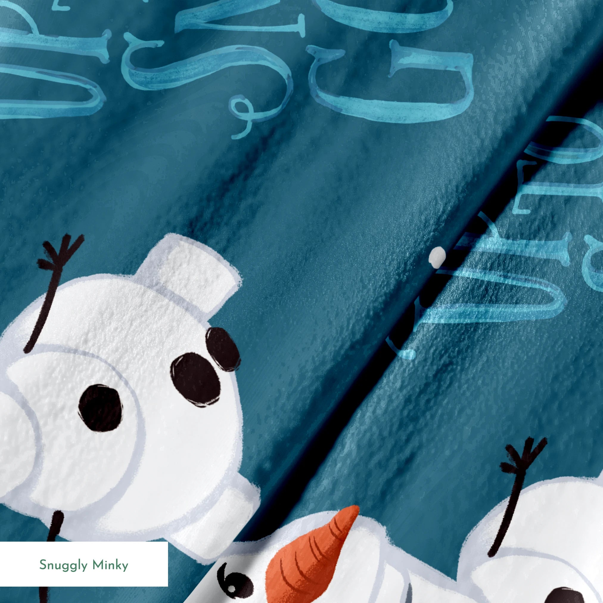 Playful Olaf pattern with "Let It Snow" text on teal background with snowflakes springs minky texture
