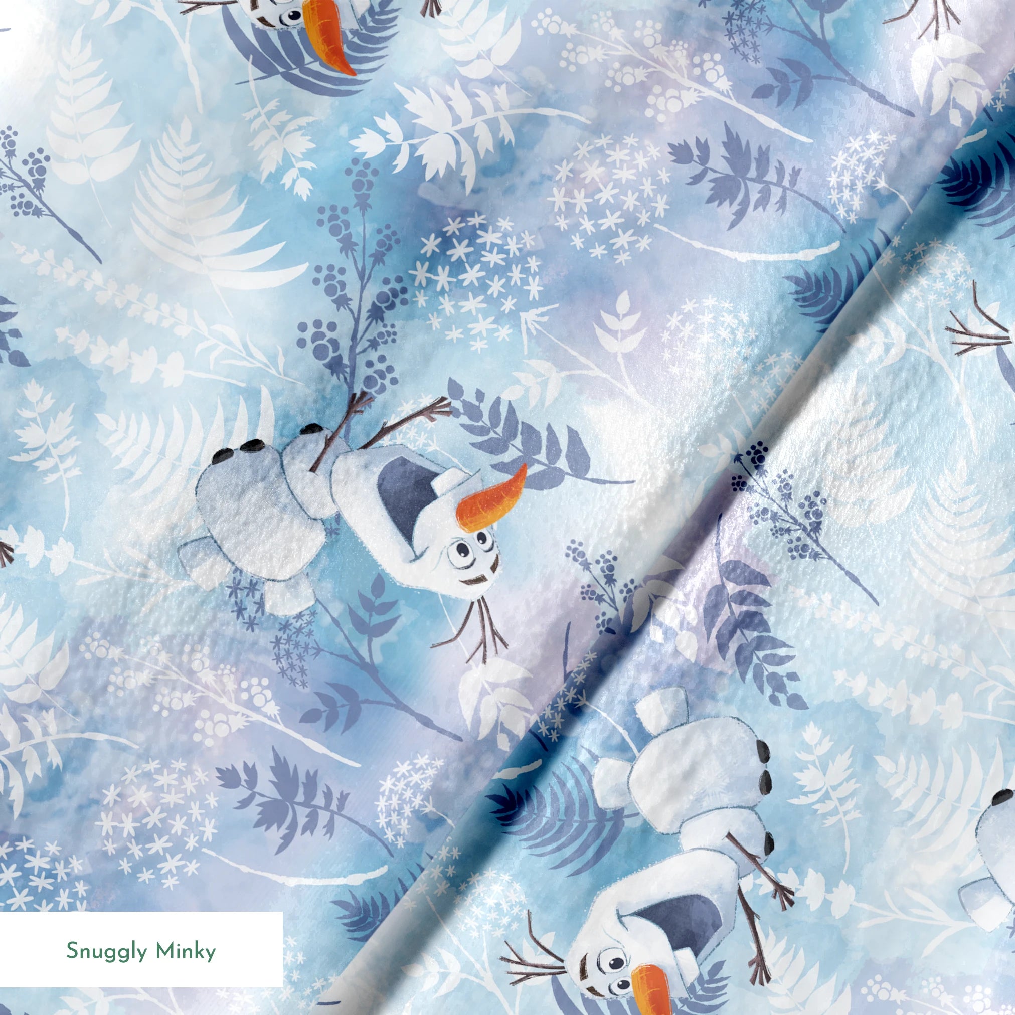 Cheerful Olaf playing among delicate ferns and snowflakes on a light blue background springs minky texture