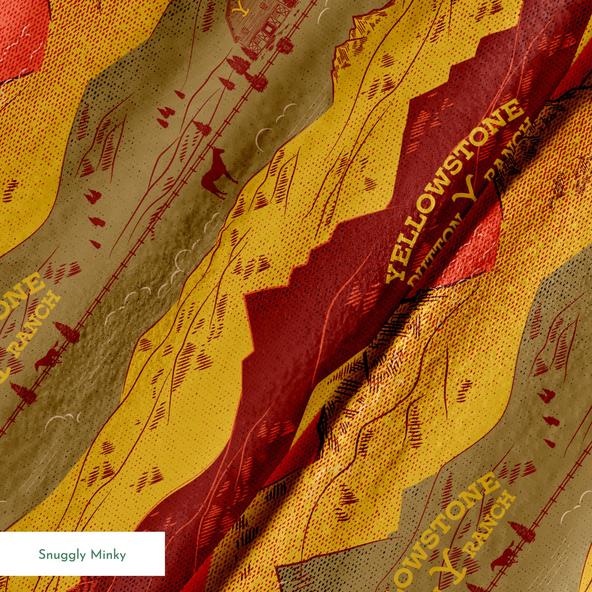 Layered mountain landscape in red, gold, and brown with "Yellowstone Cotton Ranch" text and silhouetted trees and wildlife. springs minky texture