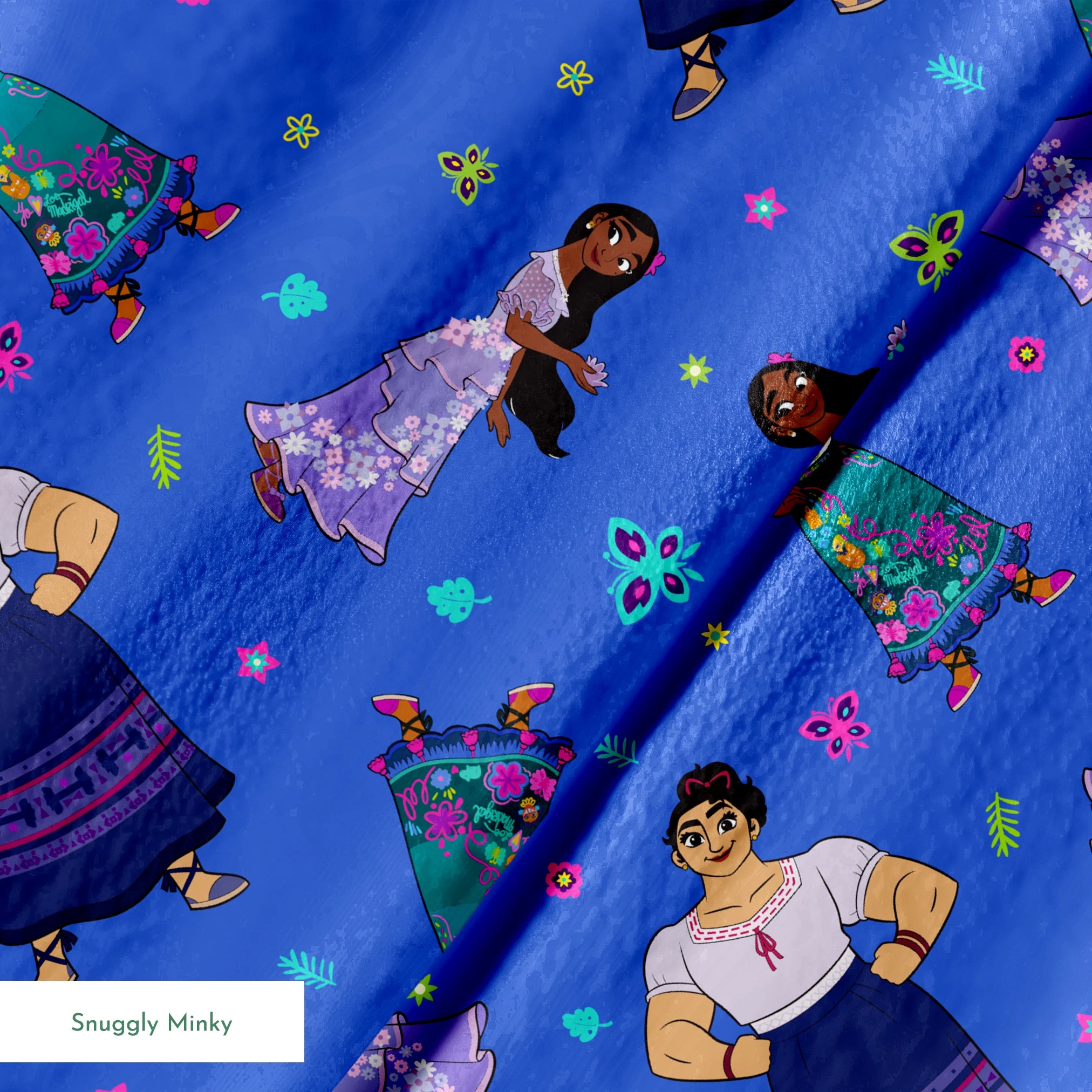 Colorful cartoon figures in traditional clothing floating on vibrant blue background with butterflies and flowers springs minky texture