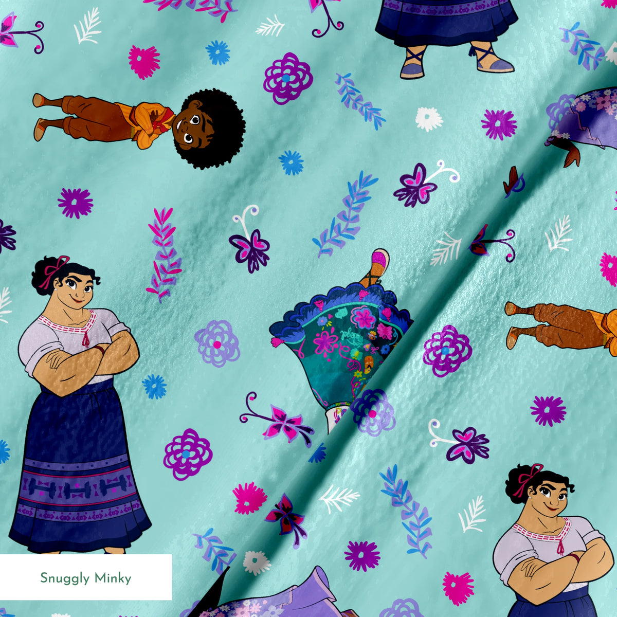 Colorful pattern with figures in traditional clothing, butterflies, and floral elements on teal background springs minky texture