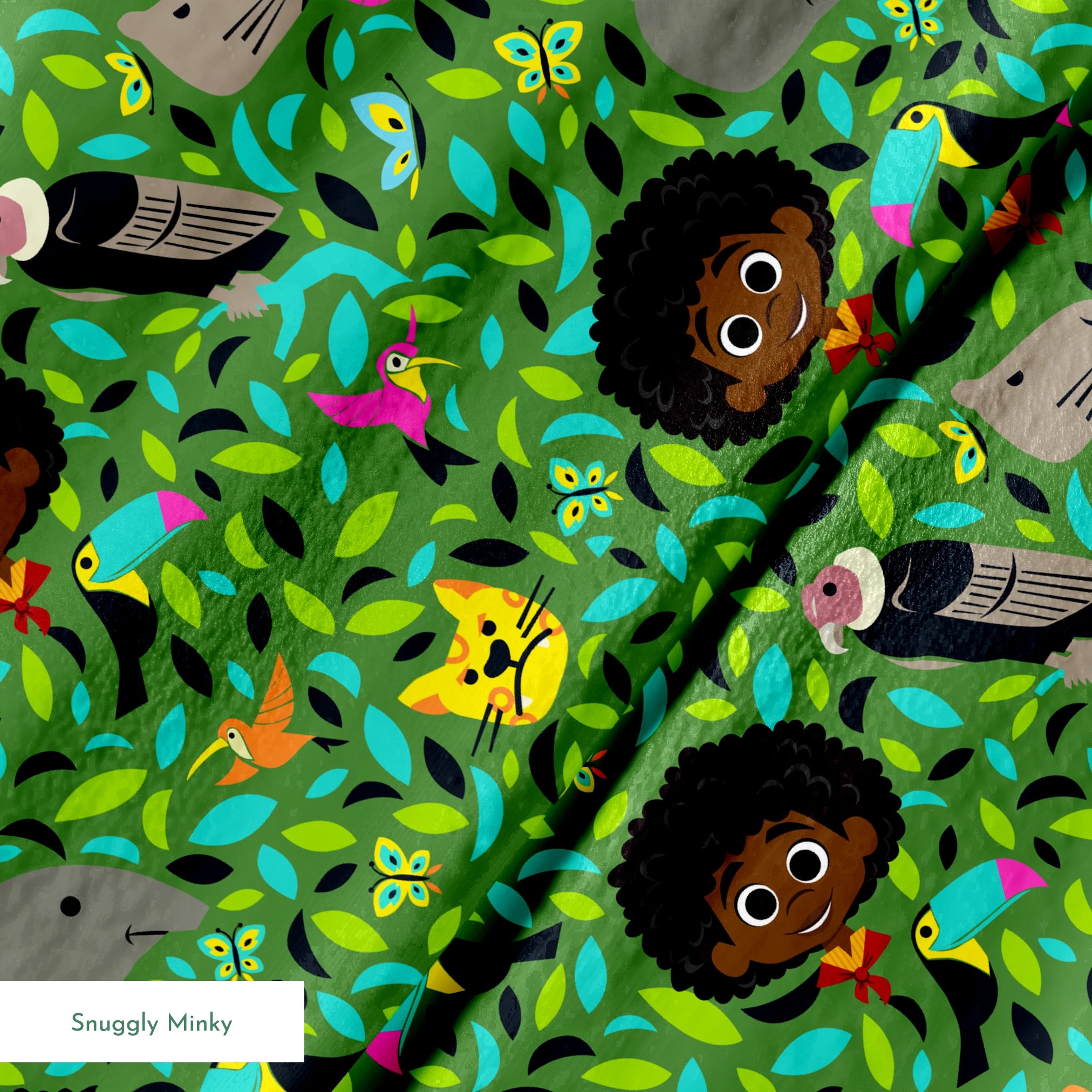 Colorful illustration with children, birds, butterflies, and animals among vibrant green foliage. springs minky texture