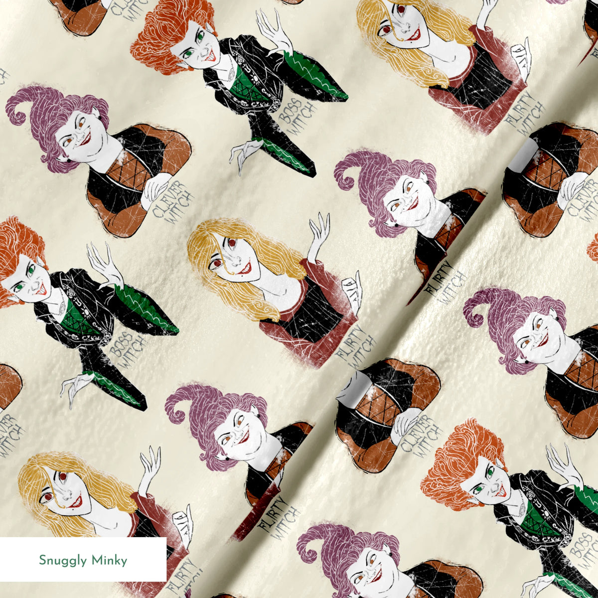 Pattern of illustrated witch characters with different styling - purple hat witch, green-dressed witch, and blonde witch with varying colors and poses springs minky texture