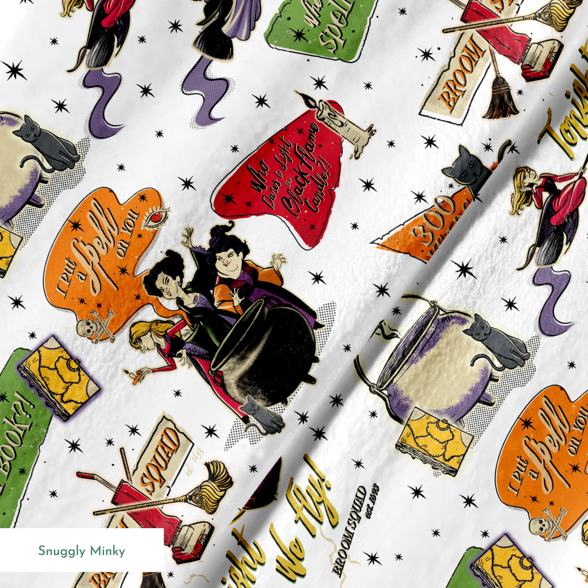 Halloween witch-themed pattern with spell books, cauldrons, brooms, stars, cats, potions and magical sayings on white background springs minky texture