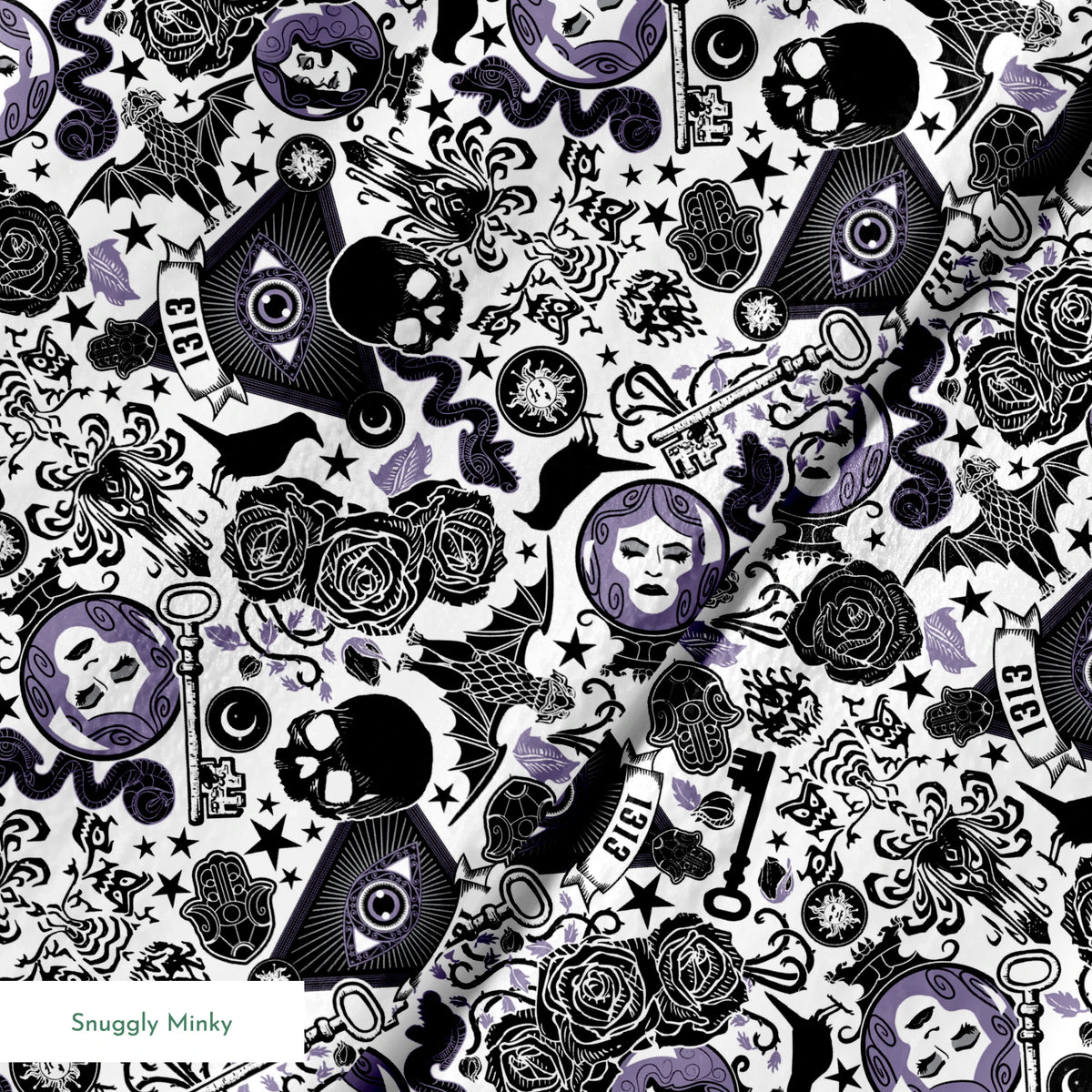 Gothic-inspired pattern with roses, medallions, ravens, and Victorian motifs in black and purple springs minky texture
