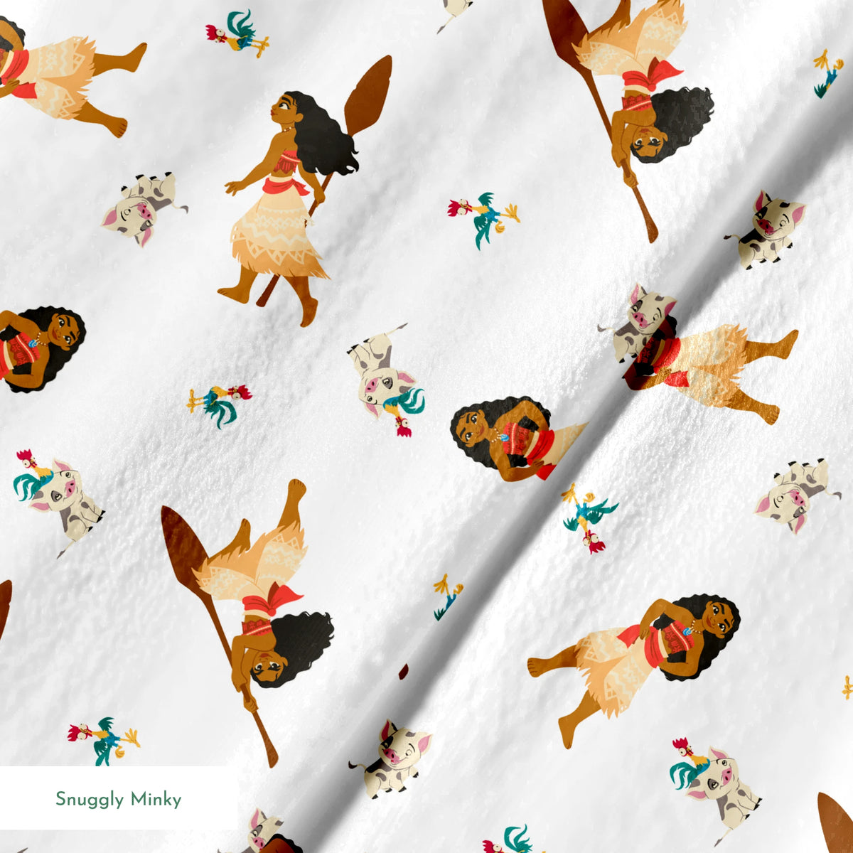 Moana pattern on white background with colorful cartoon animals in repeating design springs minky texture