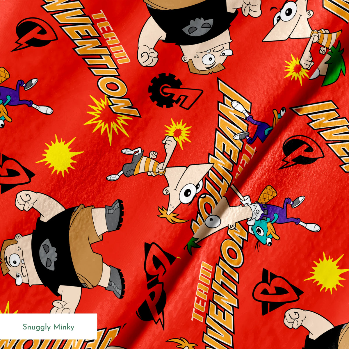 Red background pattern with Phineas and Ferb, text reading "Invention" and "McTheim", yellow starbursts, and comic-style design elements springs minky texture