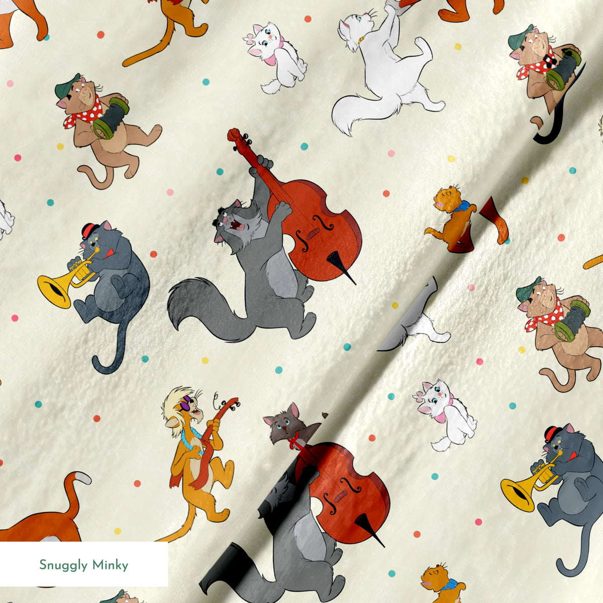 Musical cats and dogs pattern with animals playing instruments on cream background springs minky texture