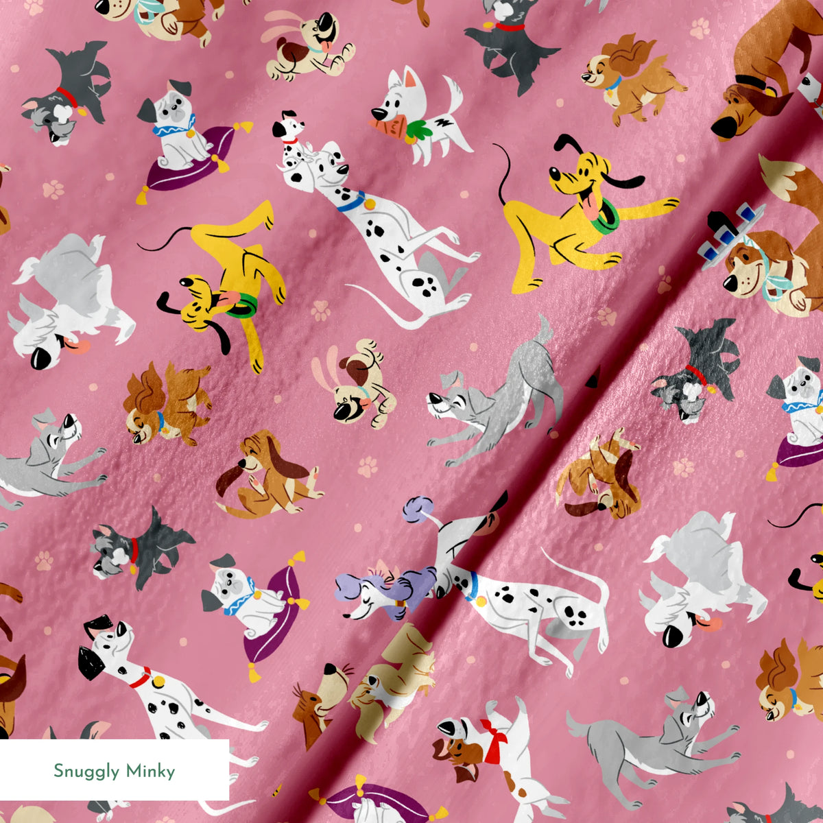 Colorful dog pattern with various cartoon breeds on pink background including dalmatians, terriers, and dachshunds springs minky texture