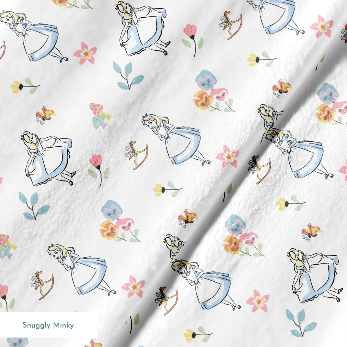 Whimsical pattern featuring character in blue dress with flowers, mushrooms, and rocking horse springs minky texture