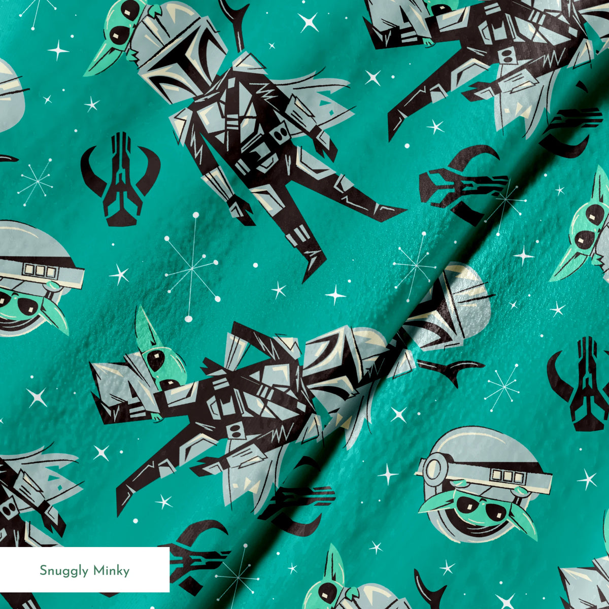 Cartoon-style Star Wars pattern with Baby Yoda and Mandalorian figures on teal background with stars springs minky texture