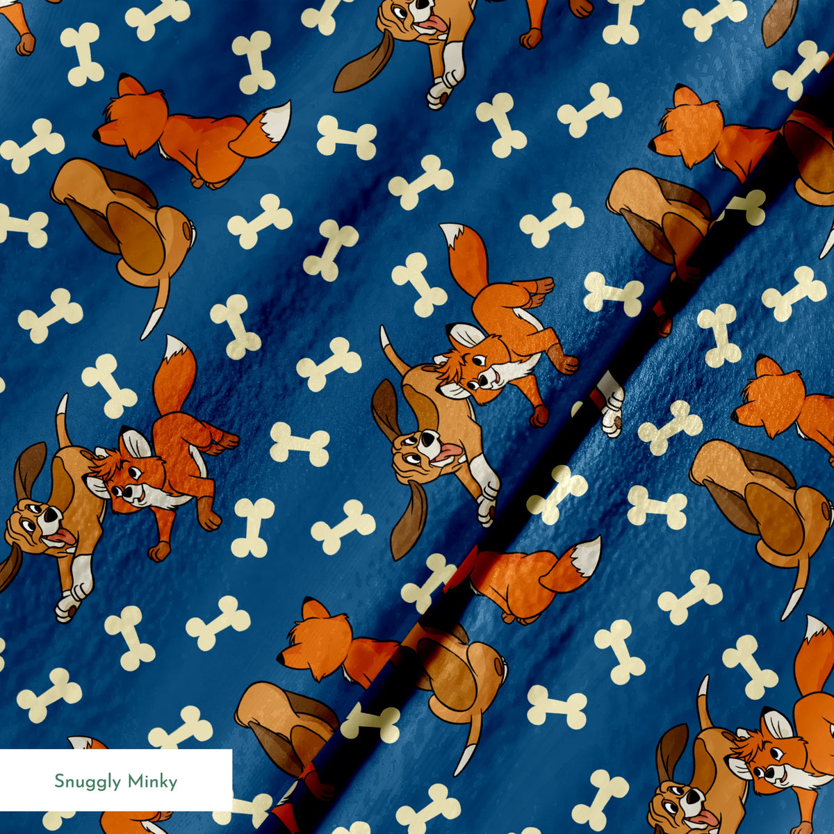 Fox and the Hound characters playing against blue background with scattered bone pattern springs minky texture