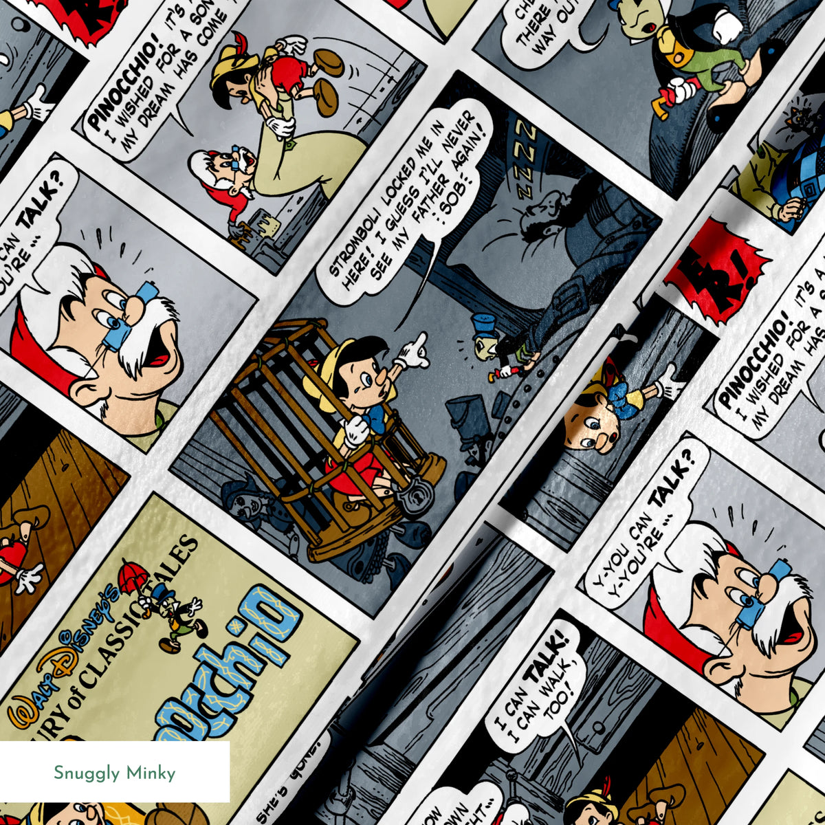 Comic strip collage featuring multiple panels from vintage comics with colorful characters, speech bubbles, and various cartoon scenes arranged in a grid pattern. springs minky texture