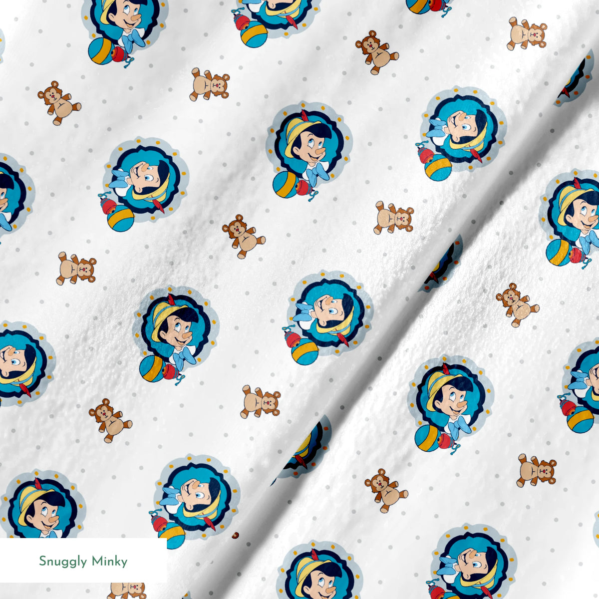 Repeating pattern of cartoon character in blue circle with teddy bears and colorful balls on light dotted background springs minky texture