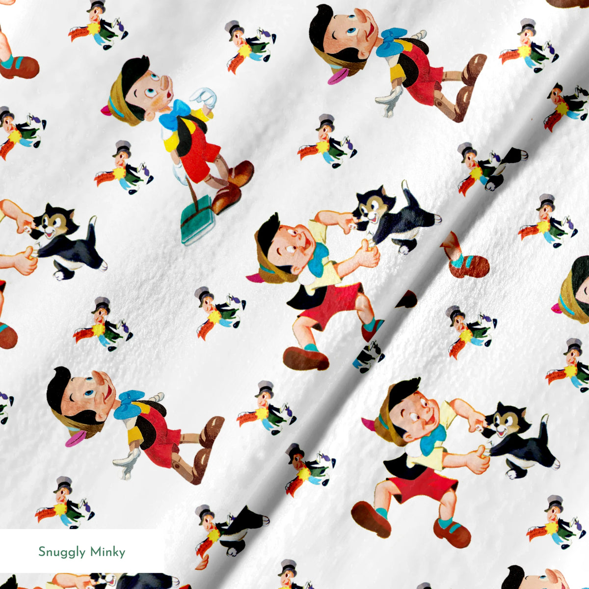 Pattern of cartoon wooden puppet characters with long noses, red shorts, blue bow ties, and black cats scattered on white background springs minky texture
