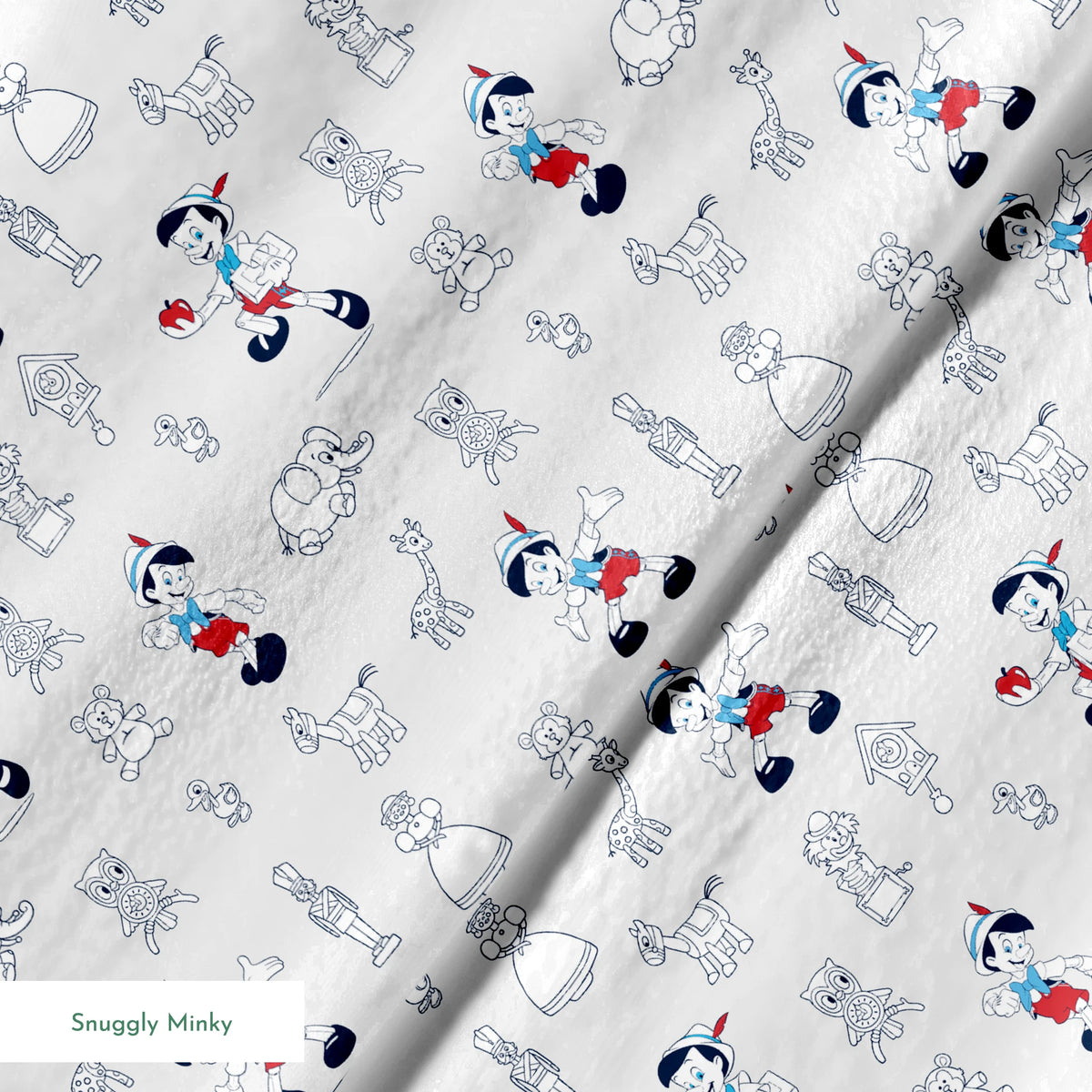 Pattern of vintage cartoon characters including Pinocchio and assorted animals on a light background with red and blue accents springs minky texture