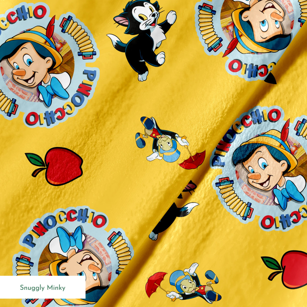 Pinocchio and Disney character pattern on yellow background with circular logos and red apples springs minky texture