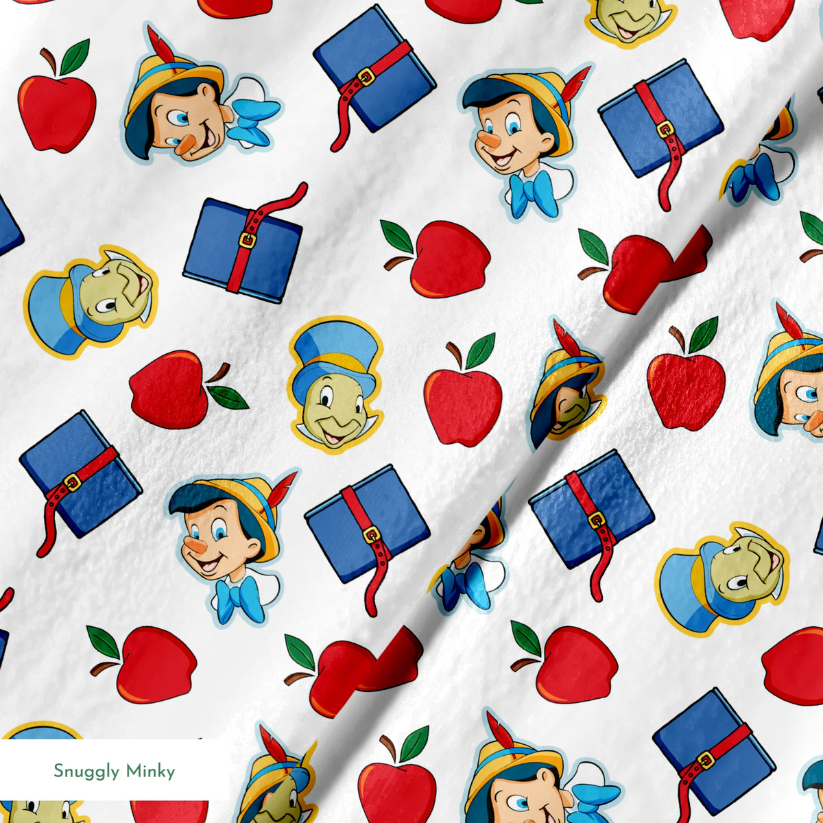 Pattern with cartoon character in pointed hat with blue bow, red apples, blue books with red straps, and yellow circular elements on white background springs minky texture