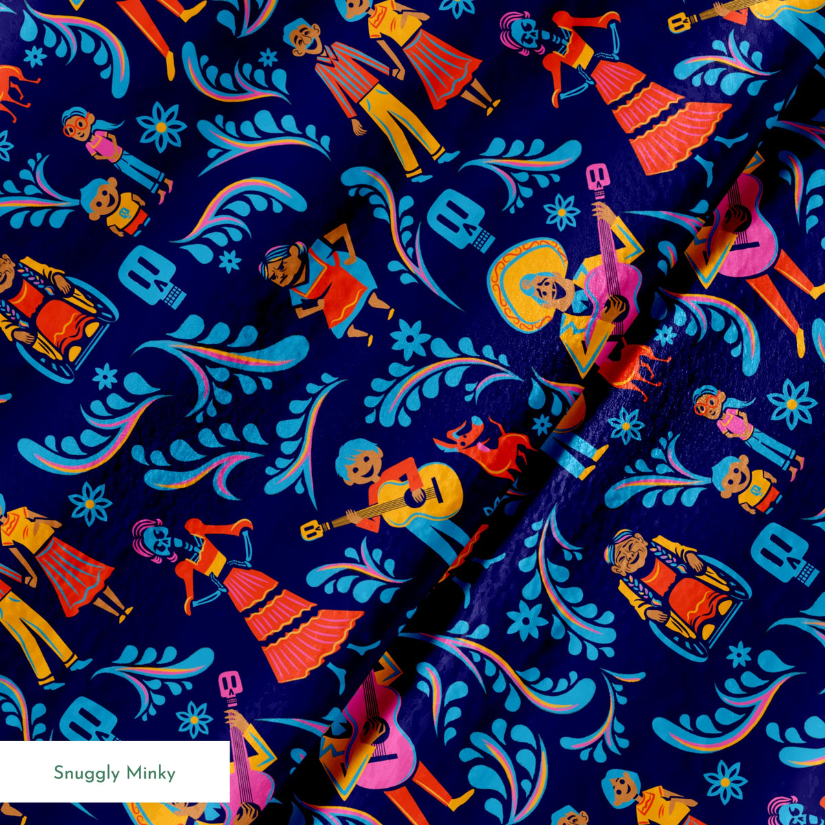 Colorful Coco folk art pattern with figures playing guitars, dancing, and blue skulls on dark background springs minky texture