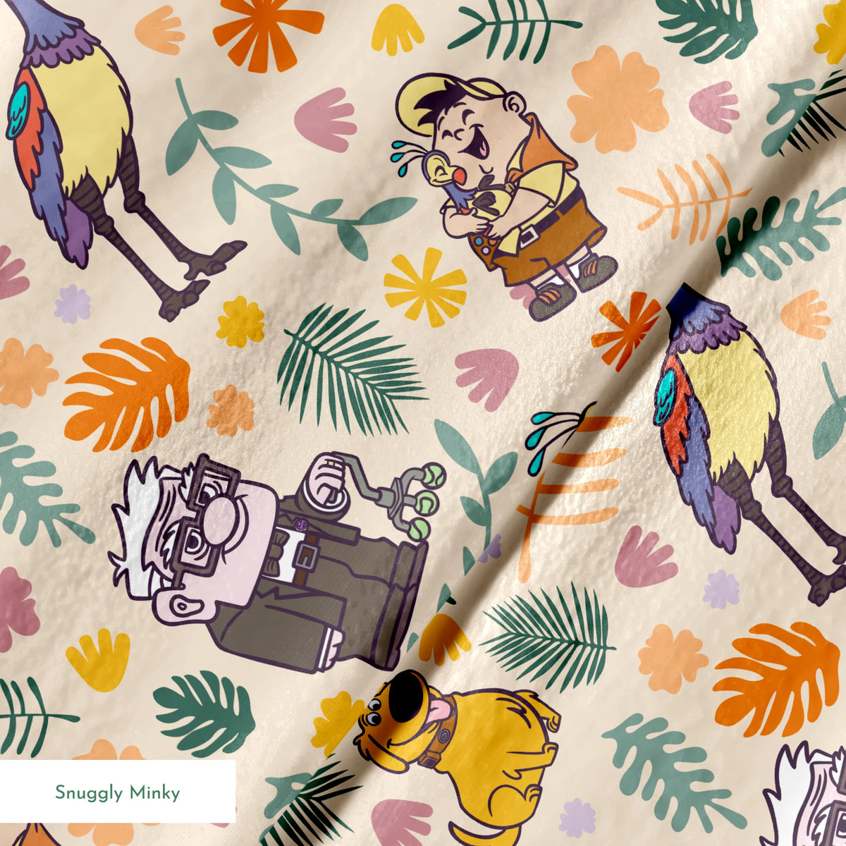 Whimsical cartoon pattern with colorful characters from Pixar's "Up" against floral background springs minky texture