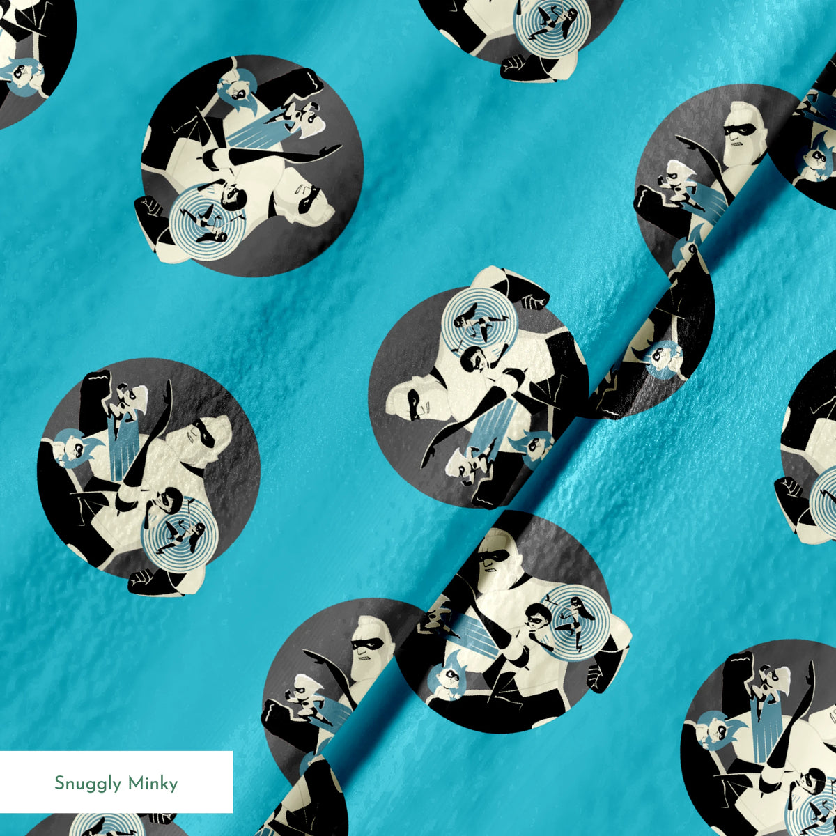 Repeating circular pattern of The Incredibles characters in gray circles on light blue background springs minky texture