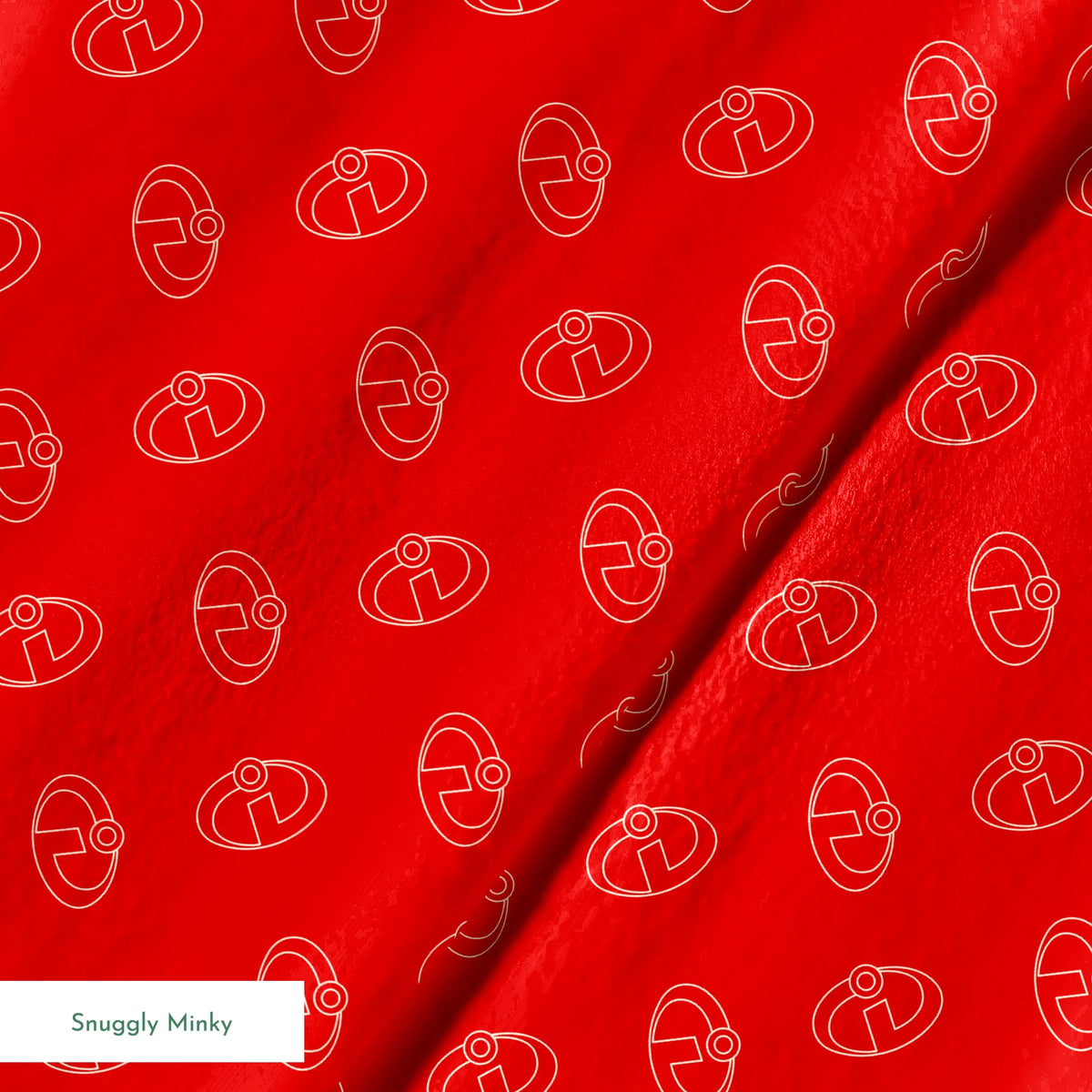 Red background with The Incredibles logos in a repeating pattern springs minky texture