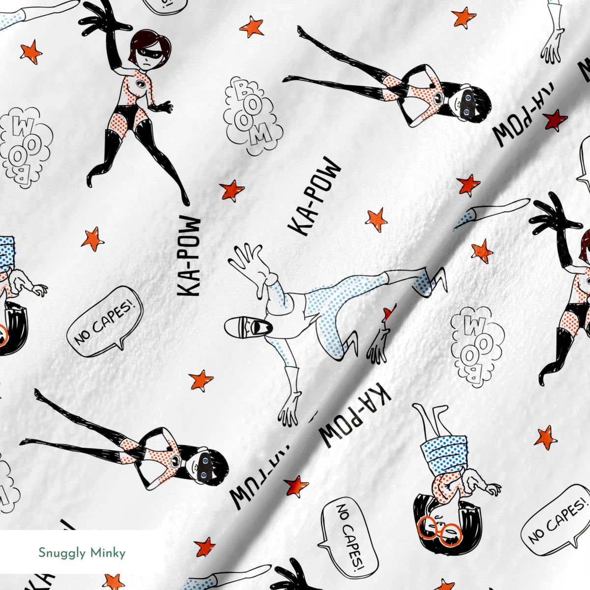 The Incredibles in dynamic poses with comic book sound effects like "KA-POW" on white background with orange stars springs minky texture