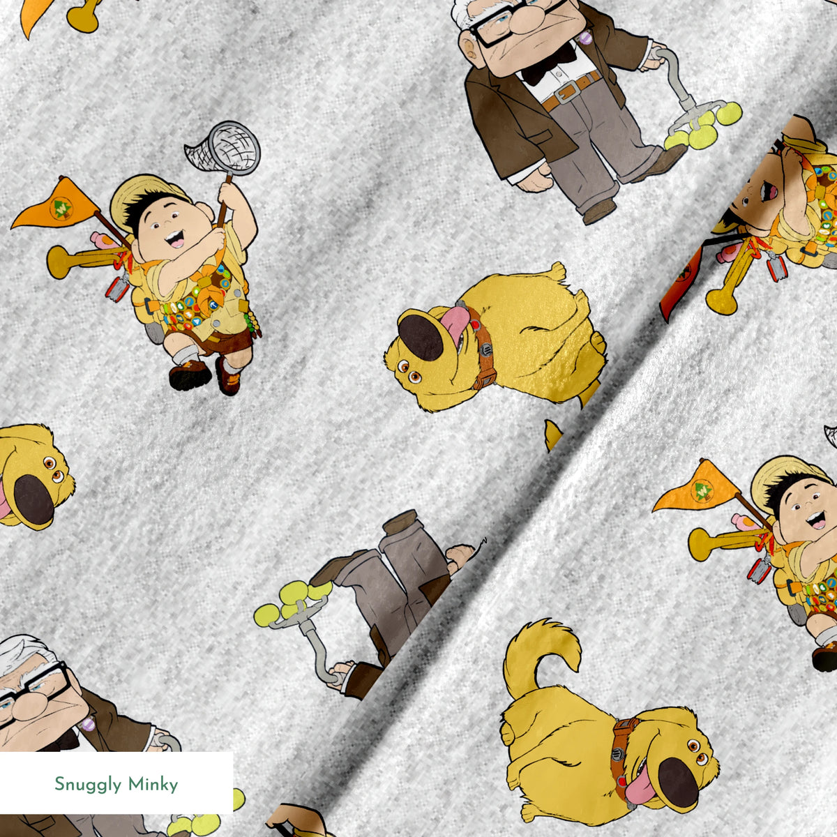Cartoon characters from Disney's "Up" including Carl, Russell, and Dug on light gray background springs minky texture