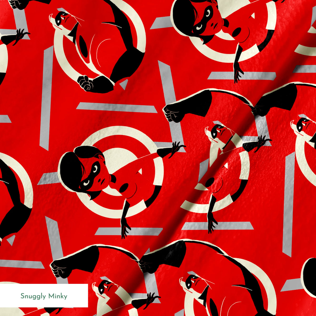 Stylized Incredibles characters in red, black and white with a dynamic pose against spiral background pattern. springs minky texture