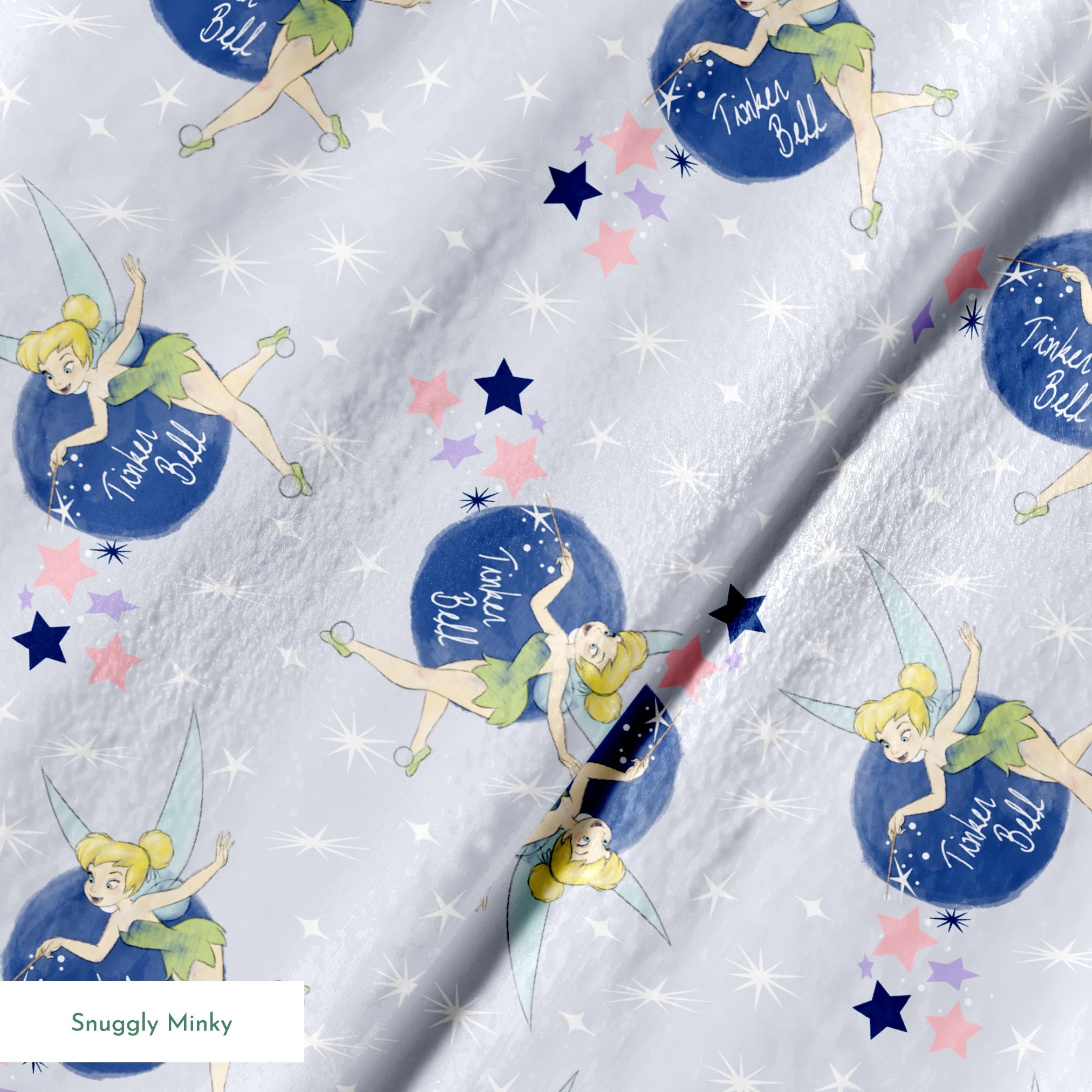 Tinker Bell pattern with the iconic fairy flying around blue moons and stars on a light gray background springs minky texture