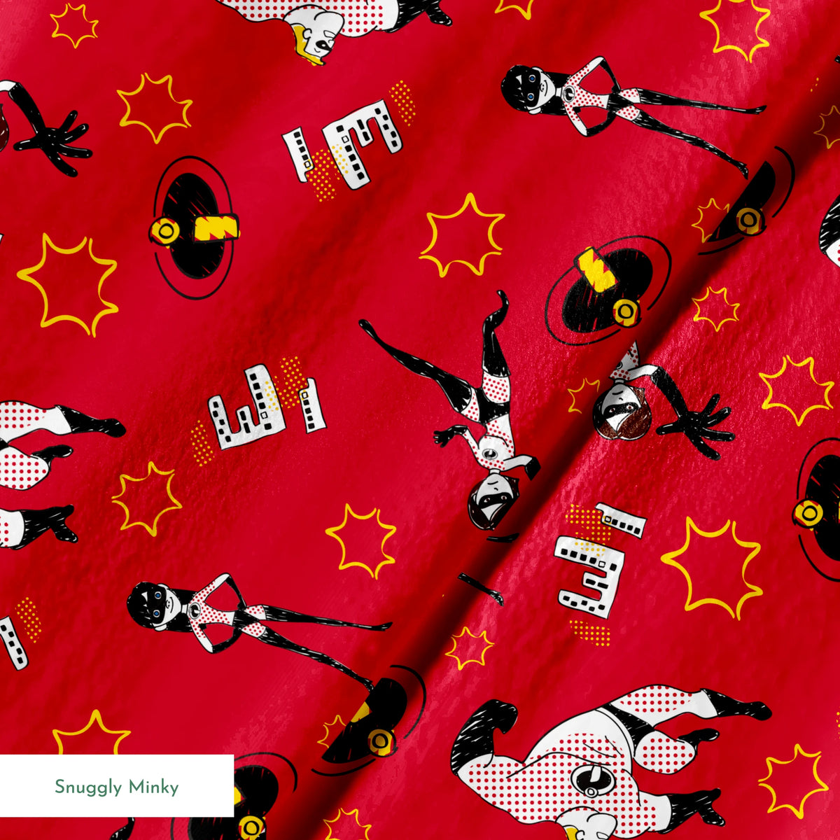 Red background pattern with The Incredibles, yellow stars, and comic book style graphic elements springs minky texture