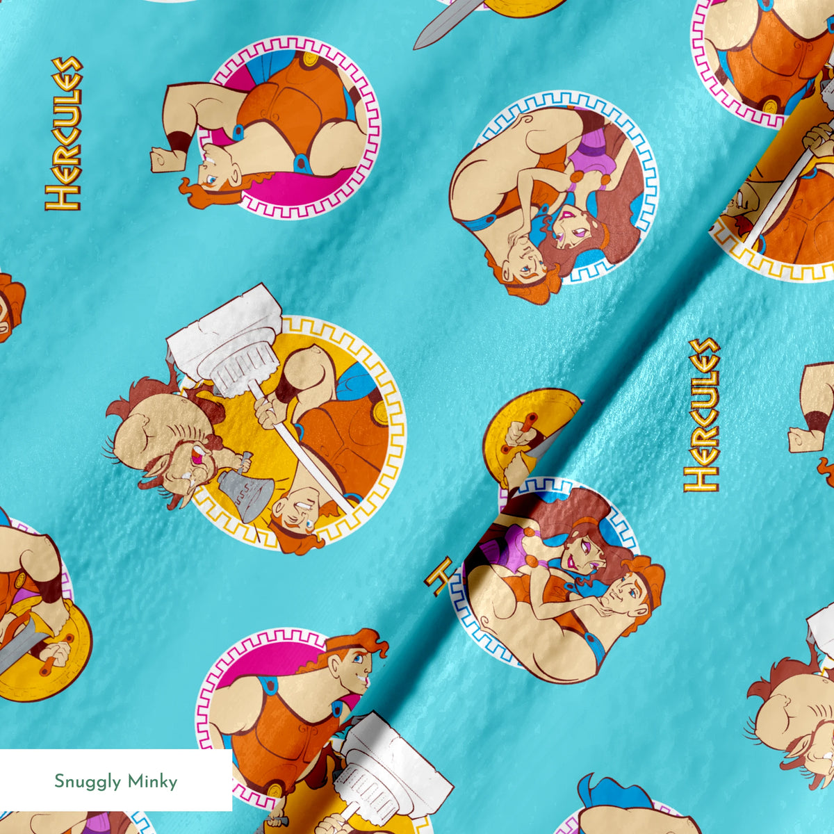 Cartoon characters from Hercules arranged in circular patterns on light blue background springs minky texture