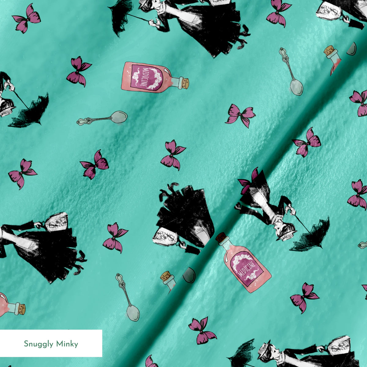 Whimsical illustration pattern with Mary Poppins holding umbrella, pink bottles, and purple butterflies on mint green background. springs minky texture