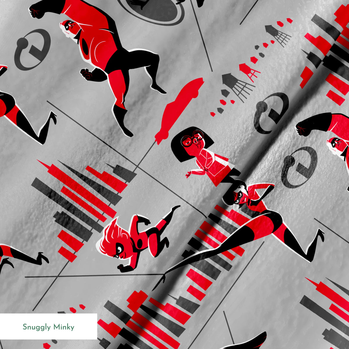 Characters in red and black superhero outfits from The Incredibles shown in action poses against gray background with city elements springs minky texture