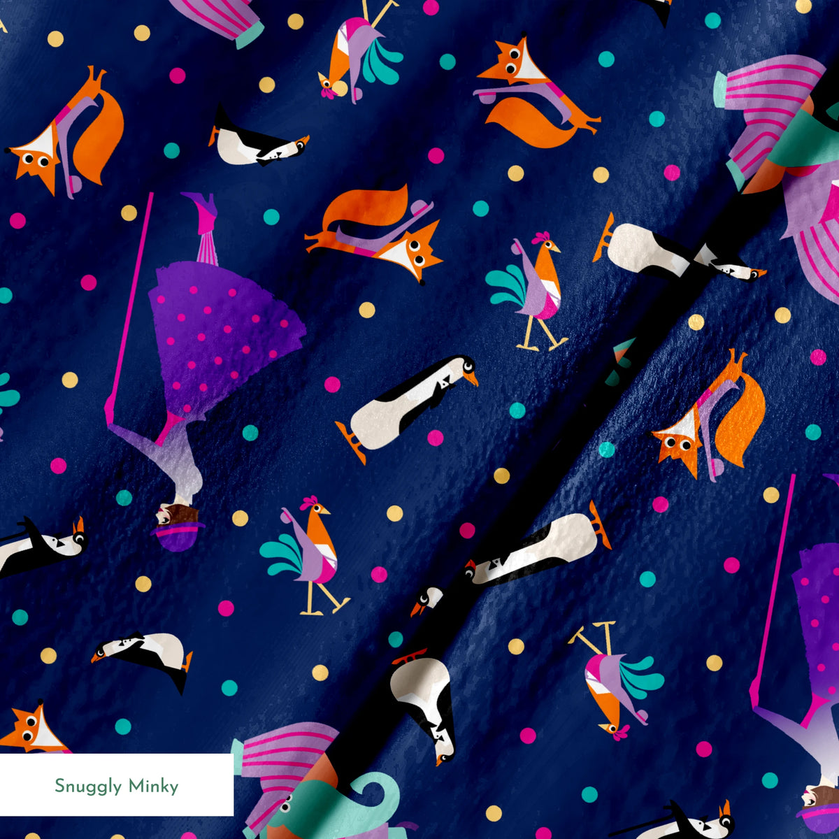 Colorful Mary Poppins pattern of whimsical animals including foxes and birds on a dark blue background with polka dots springs minky texture
