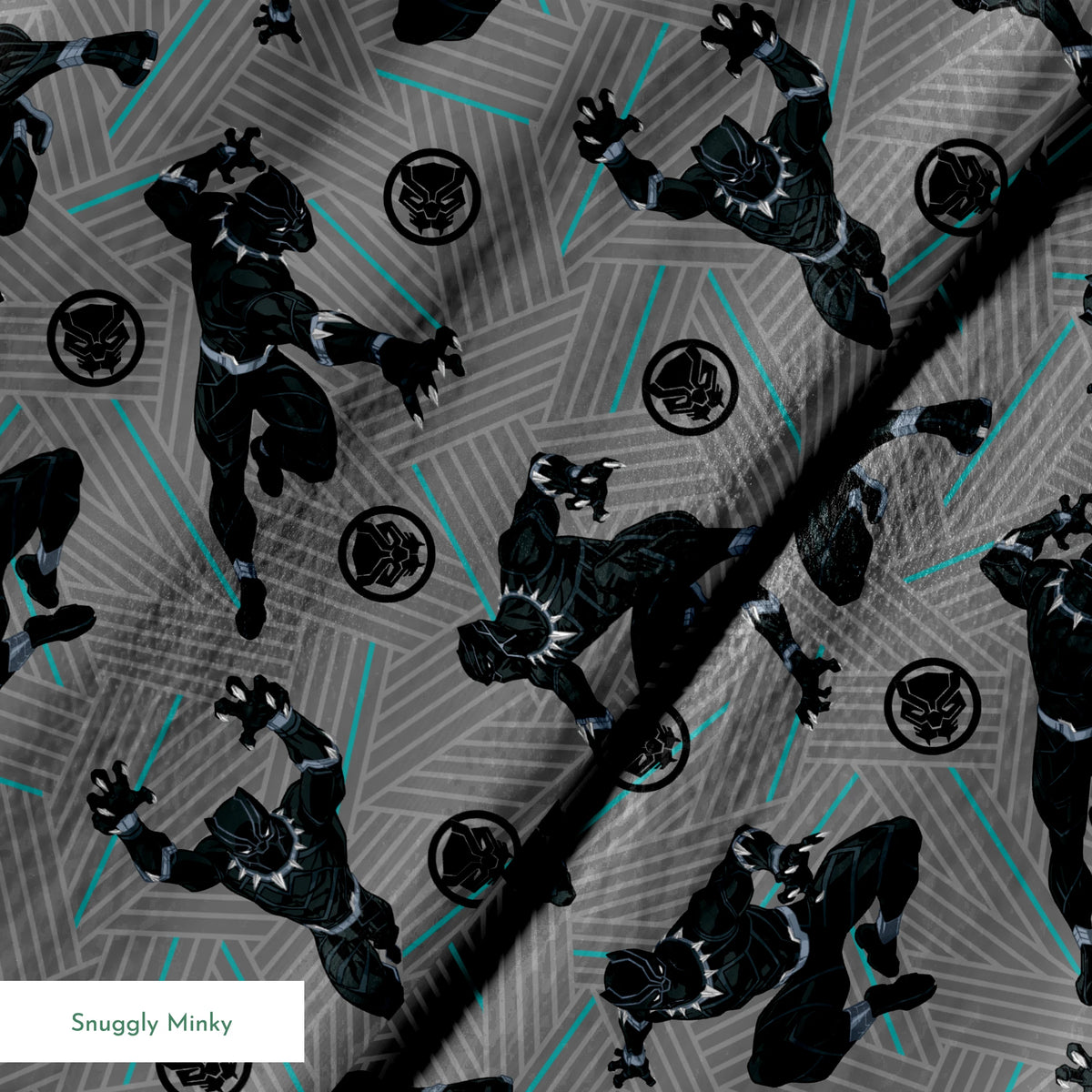 Black superhero figure in dynamic poses against gray geometric background with teal accents and circular emblems springs minky texture