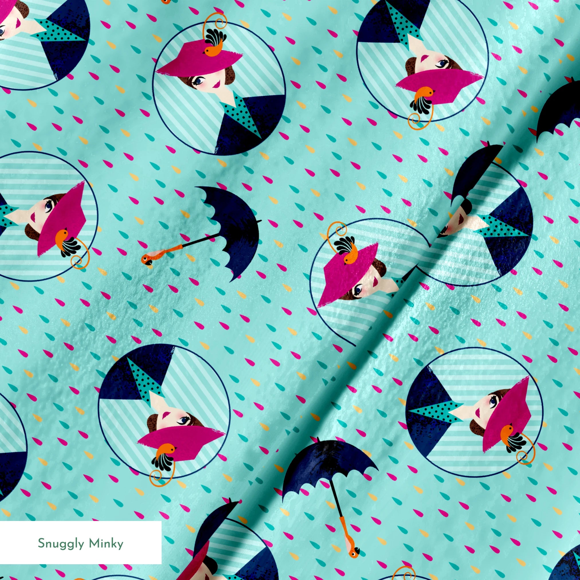 Colorful rainy pattern with Mary Poppins holding umbrellas in circular frames on turquoise background with pink raindrops springs minky texture