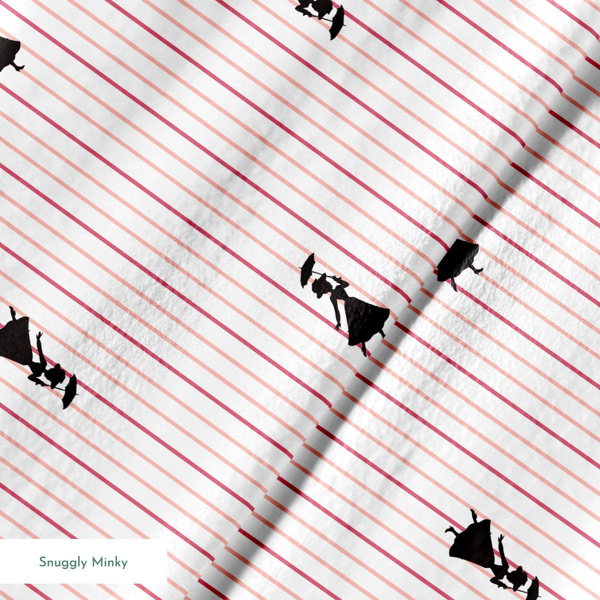 Mary Poppins silhouette figures on white background with thin pink vertical stripes springs minky texture
