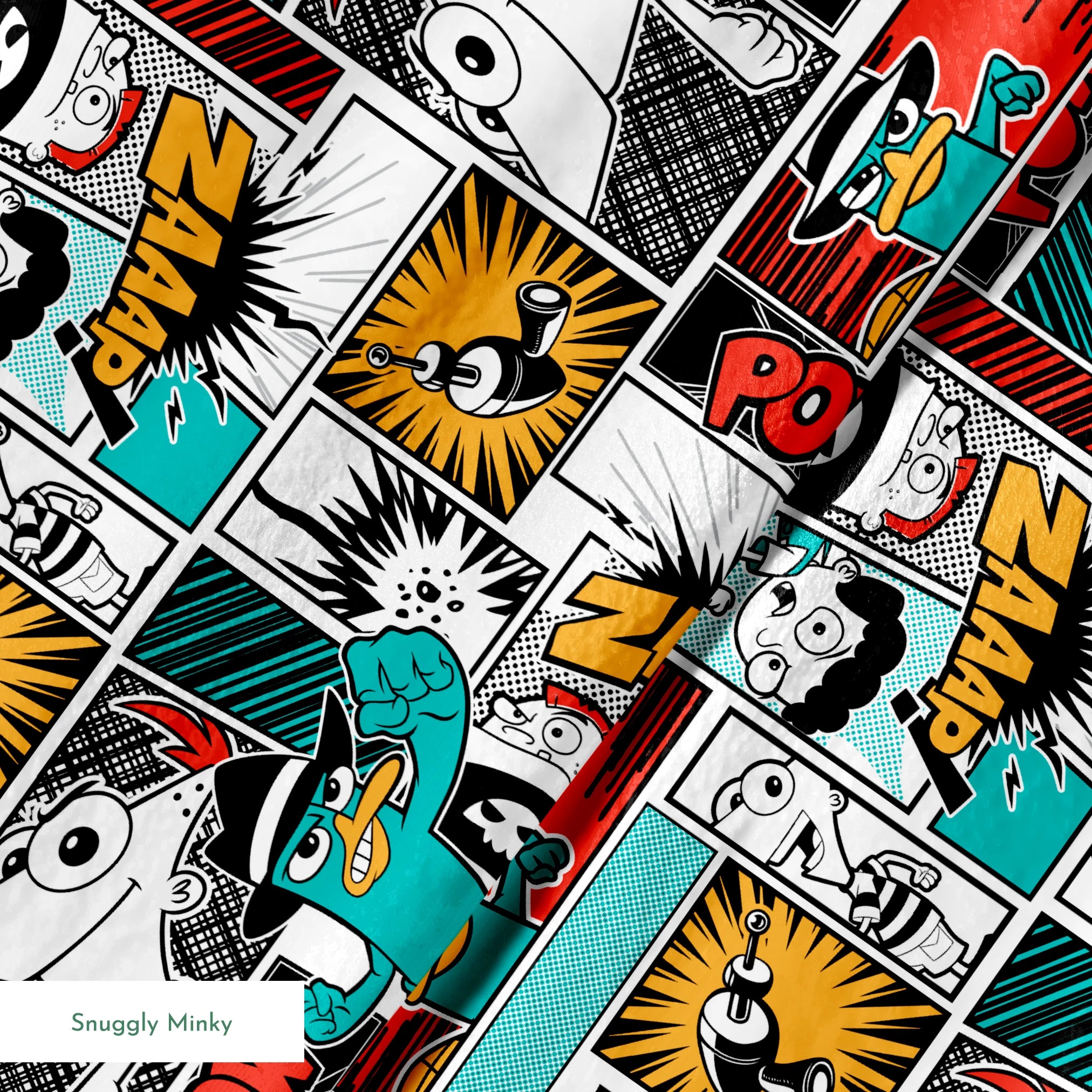 Comic book style pattern with colorful panels featuring sound effects like POW, BANG, and WHAM on red, blue, and black backgrounds springs minky texture