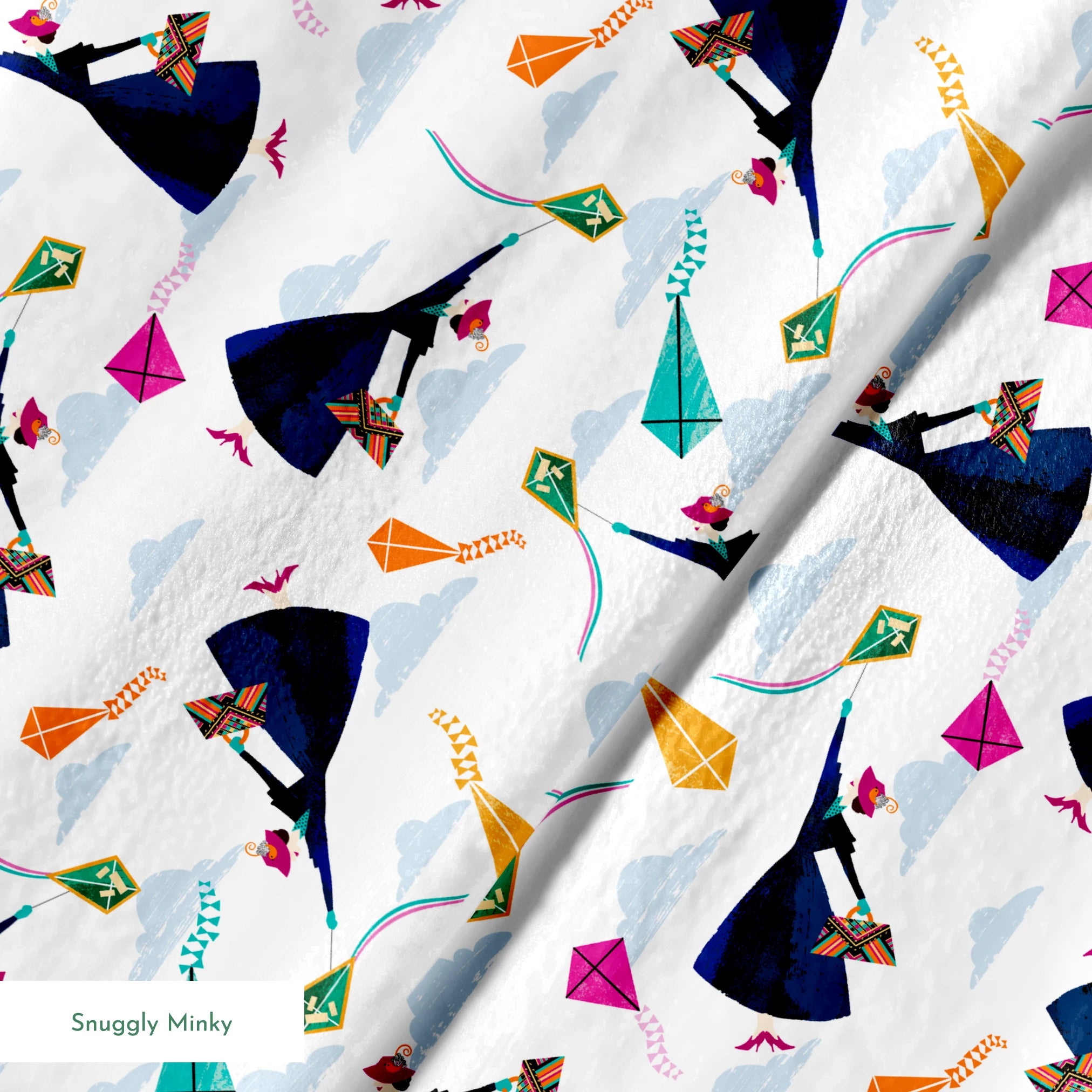 Colorful kites in orange, pink, and green along with Mary Poppins flying in a cloudy blue sky springs minky texture