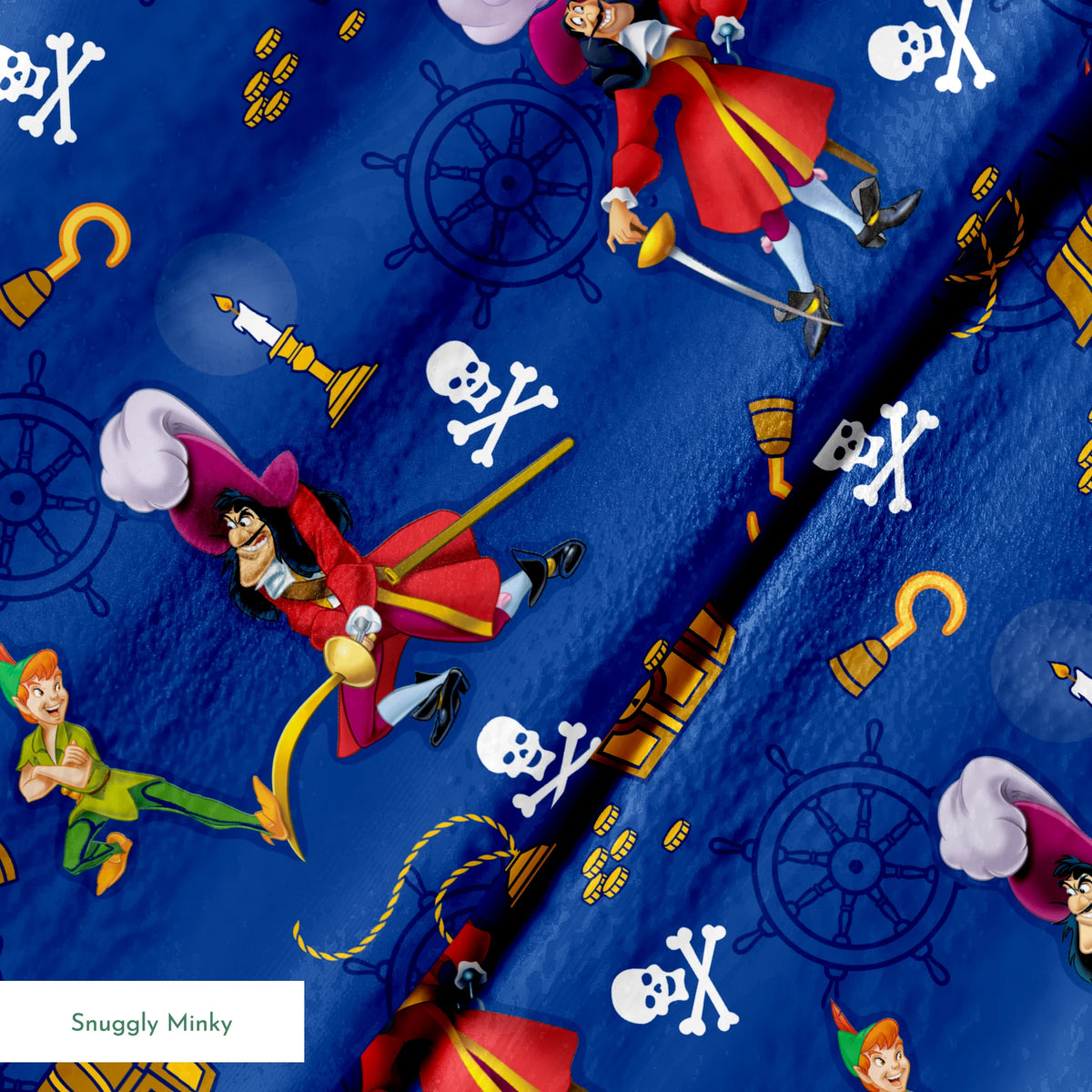 Pirate-themed pattern with captains, treasure chests, hooks, and skull symbols on blue background springs minky texture