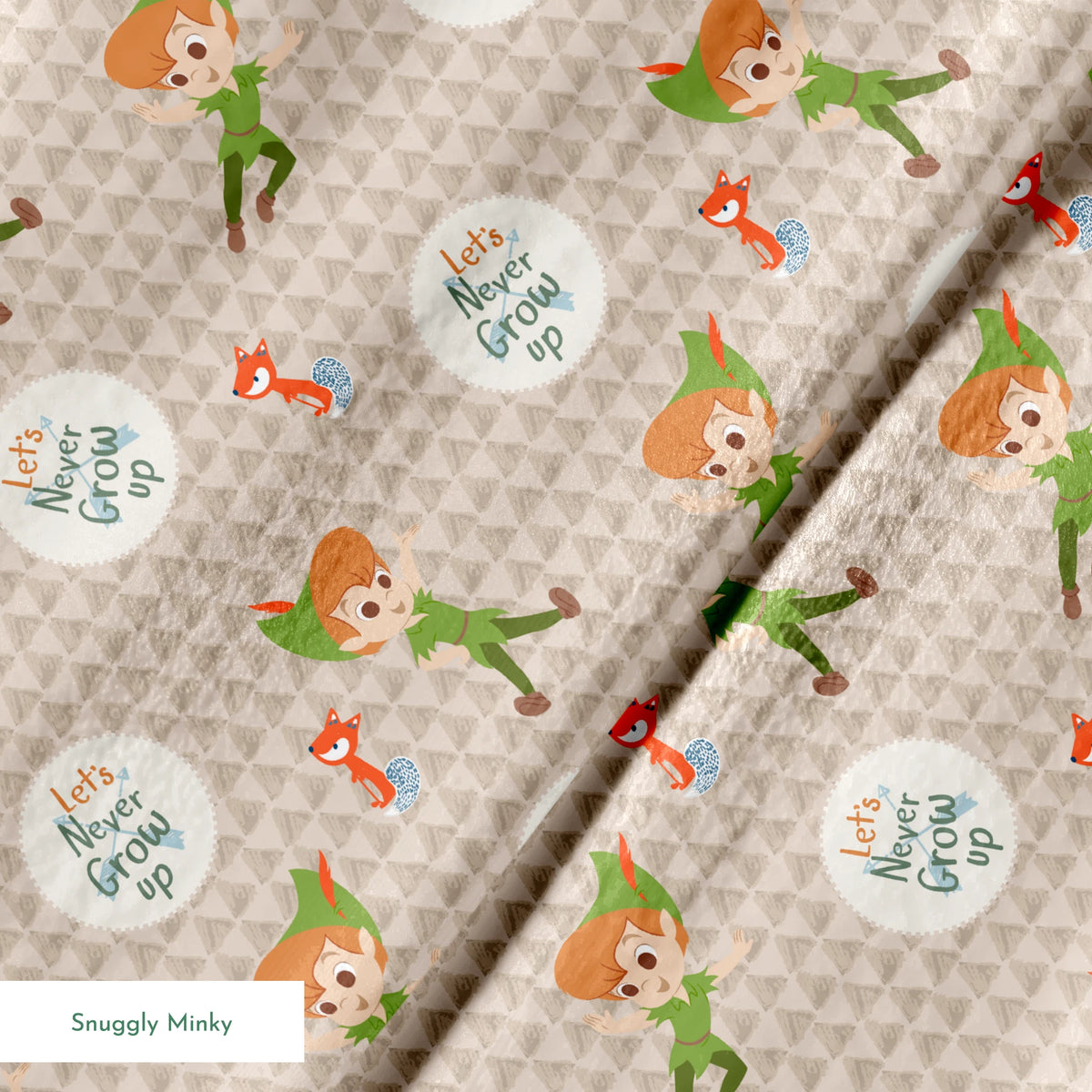 Cartoon pattern featuring Peter Pan character flying, orange foxes, and "Let's Never Grow Up" text on beige background springs minky texture