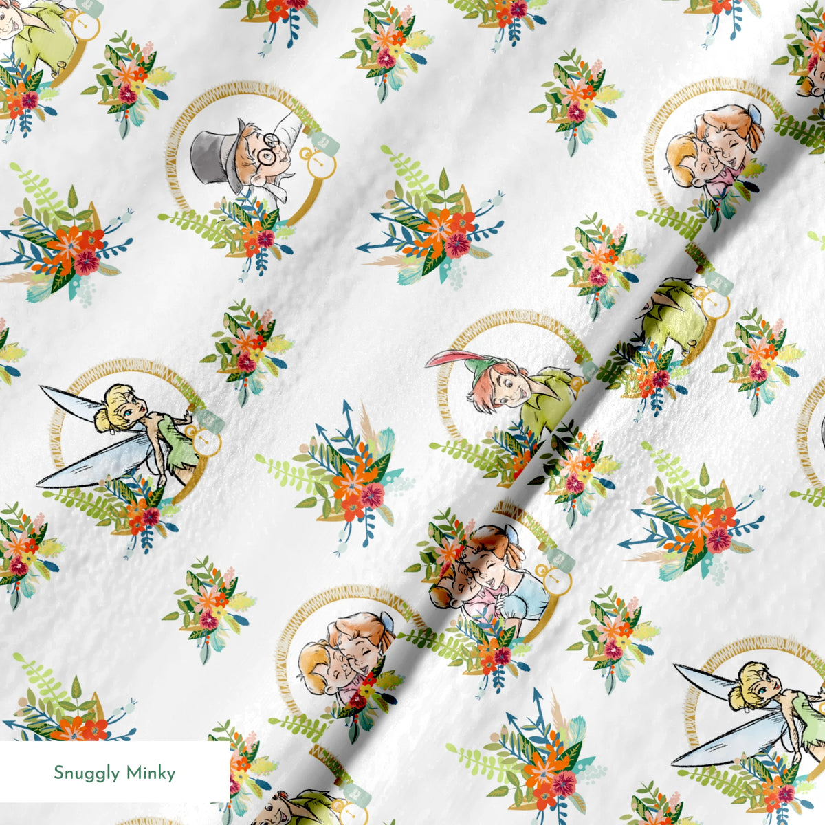 Illustrated pattern featuring cartoon characters in gold circles with colorful floral arrangements springs minky texture